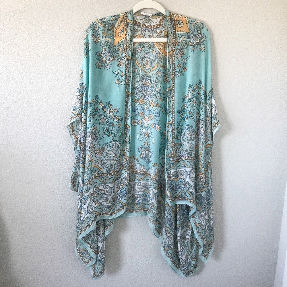 J Jill Floral Ruana Draped Sheer Open Front S/L Kimono Top Turquoise Viscose